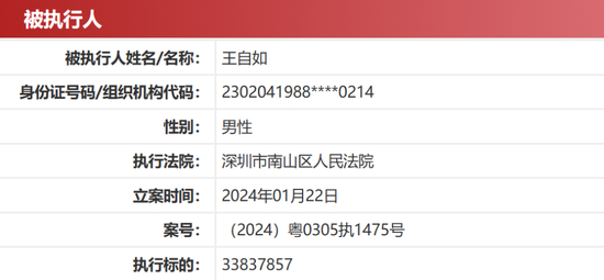 王自如新增一则被执行人信息。图/中国执行信息公开网