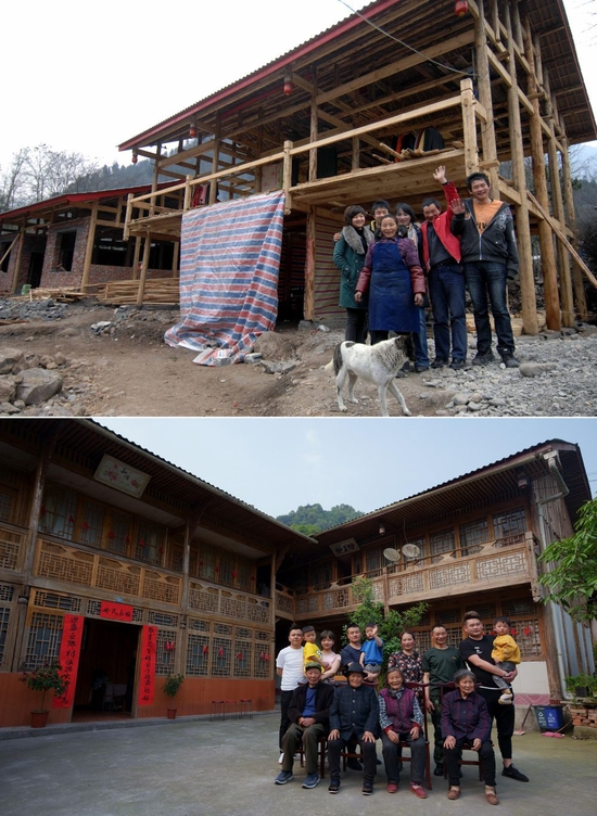 这是一张拼版照片，上图为四川省绵阳市安州区高川乡茅香村群众林兴聪（右二）、李芸香（右三）和家中的老人、孩子在重建中的住房前留影（2009年1月25日，新华社记者江毅摄）；下图为林兴聪（后右三）、李芸香（后右四）一大家13口人在房前留影（2021年5月4日，新华社记者江宏景摄）。新华社发