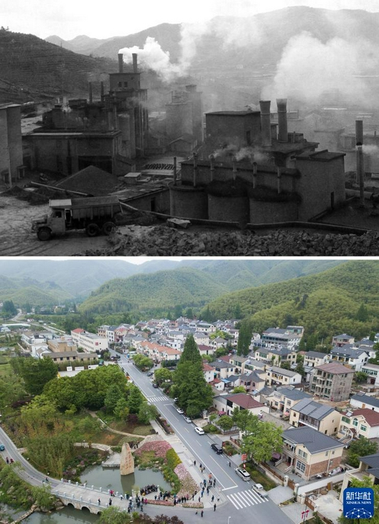 拼版照片：上图为浙江省湖州市安吉县天荒坪镇余村二十世纪八十年代的资料照片；下图为2018年4月24日，游客在整修一新的余村游览（新华社记者翁忻旸摄）。新华社发