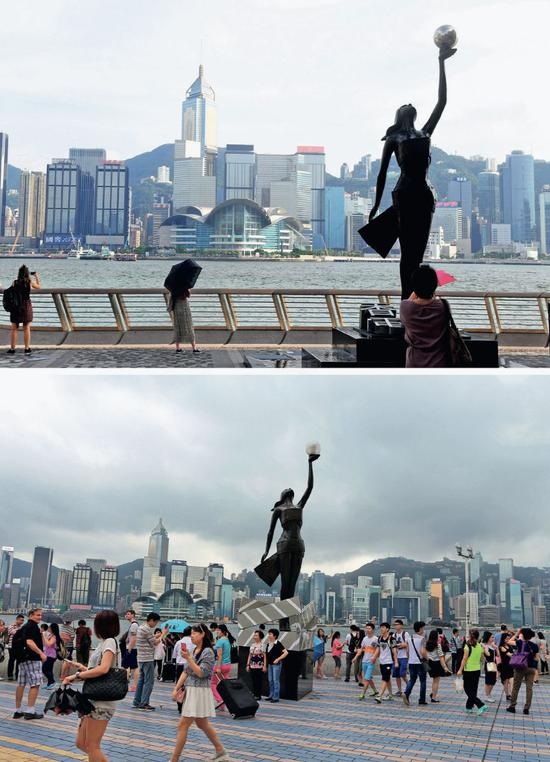 　游客在香港尖沙咀星光大道游览。上图摄于2019年8月20日，下图摄于2015年5月1日。图/ 新华