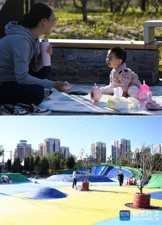↑拼版照片。上图：一名妇女带着孩子在嘉囿城市休闲公园里嬉戏。下图：嘉囿城市休闲公园里正在修建的儿童娱乐场。