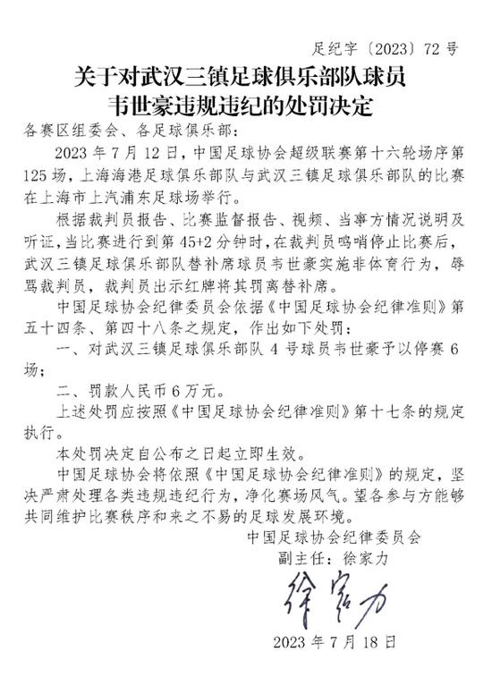 中国足协纪律委员会为韦世豪开出的罚单 图/中国足协官网