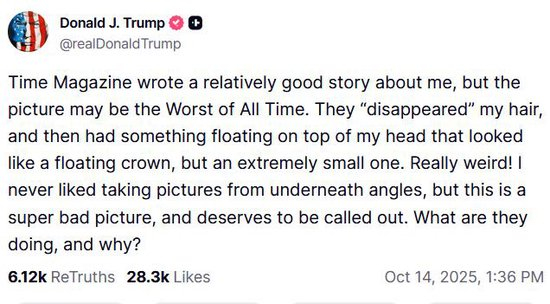  特朗普在“真相社交”上猛批《时代》杂志