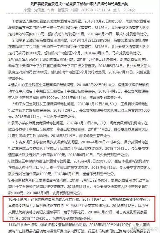  陇西县纪委监委25日发布的11起党员干部和公职人员酒驾醉驾通报内容