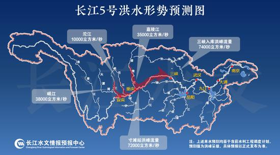 长江5号洪水形势预测图。来源：水利部长江水利委员会水文局