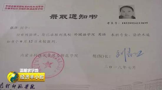 △包头师范学院录取通知书