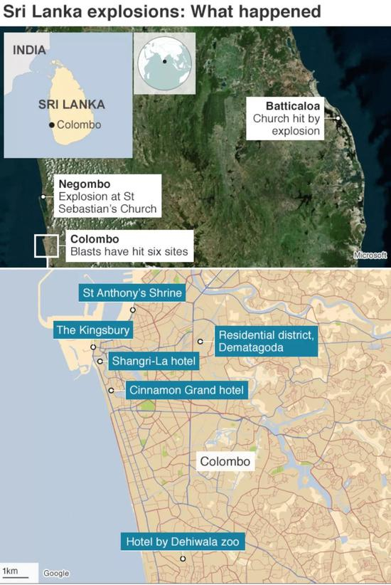 斯里兰卡连环爆炸发生地点（图片来自BBC）