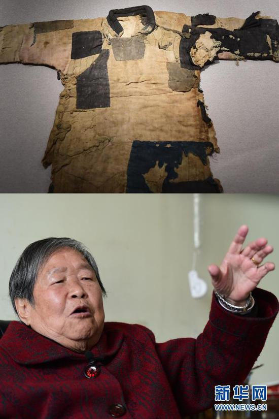 　　这是一张拼版照片，上图为：马毛姐送解放军渡江时所穿的打满补丁的棉袄，现被安徽博物院收藏（2021年4月17日摄）；下图为：2021年3月24日，马毛姐讲述渡江战役的经历。新华社记者 黄博涵 摄