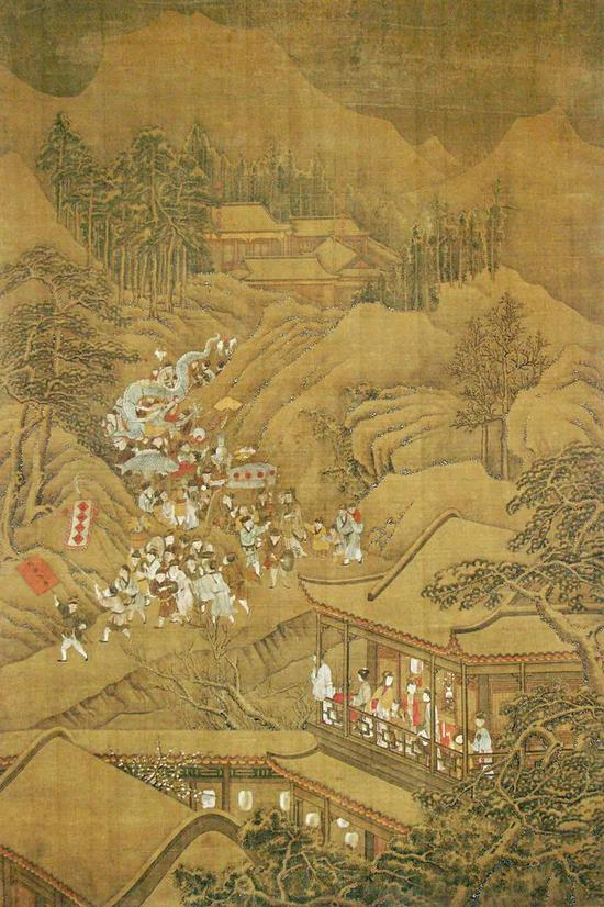 △大英博物馆藏18世纪中国绘画，画家使用细腻的线条和用色，勾勒出了元宵节赏灯舞龙、热闹欢腾的情景。