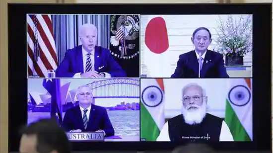 　　美国总统拜登（左上）、日本首相菅义伟（右上）、澳大利亚总理斯科特·莫里森（左下）、印度总理纳伦德拉·莫迪（右下）于3月12日进行线上四方安全对话。