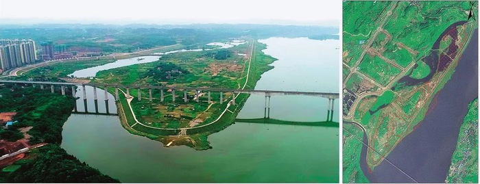 　　2019年4月，南充市桑树坝河滩地确权位置示意图（右） 及实景图。桑树坝有一千多亩集体土地被确权为国有河滩地。图/南充市自然资源和规划局