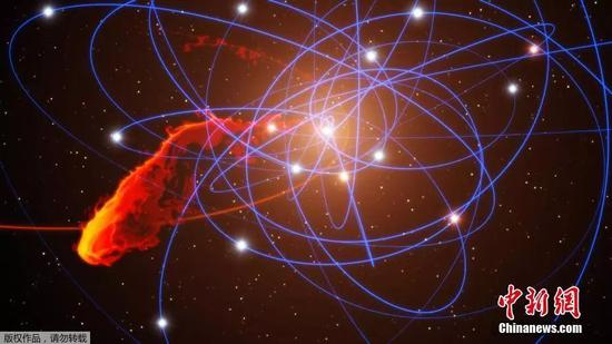  资料图：2011年，一个国际研究小组利用欧洲南方天文台的“甚大望远镜”，发现一个星云正在靠近位于银河系中央的黑洞并将被其吞噬，人们有望观察到黑洞“吃大餐”的场景。图为黑洞“捕捉”星云（轨道呈红色）的模拟图。