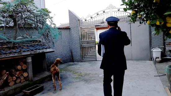  ▲枫桥派出所民警入户走访，村民家里的狗都不叫。（摄影：丁灵彬）