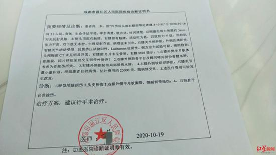　↑冯某东的疾病诊断证明书。