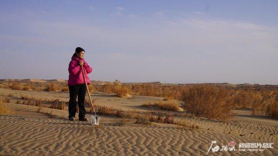  11月29日，在且末县河东治沙基地，帕提古丽・亚森站在沙丘上，看着自己和同事们种植的梭梭林，心中满是成就感。苏鑫 摄