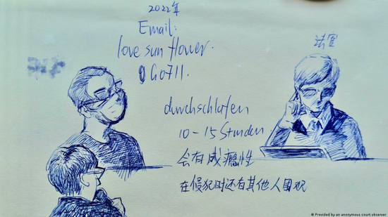 5月18日，柏林法庭审理邵之霆一案，匿名庭审旁听者在现场手绘被告画像，并做了一些笔记。