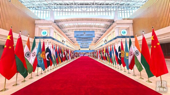  △上合组织天津峰会主会场内的恢弘旗阵。（总台央视记者刘琦拍摄）