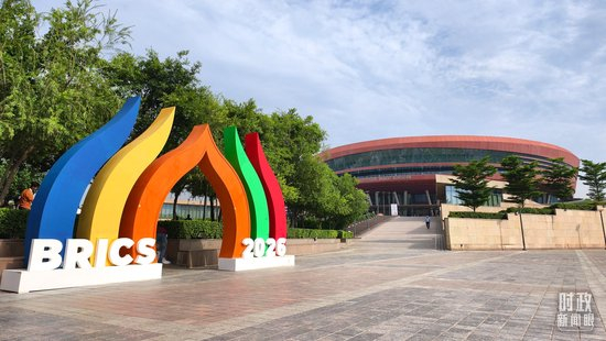 △印度2026年金砖主席国标志为莲花造型。（总台央视记者赵龙拍摄）