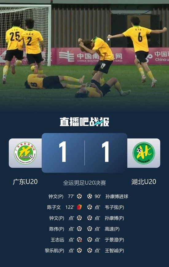 湖北点球大战胜广东夺全运男足U20金牌 孙康博绝平王志远失点