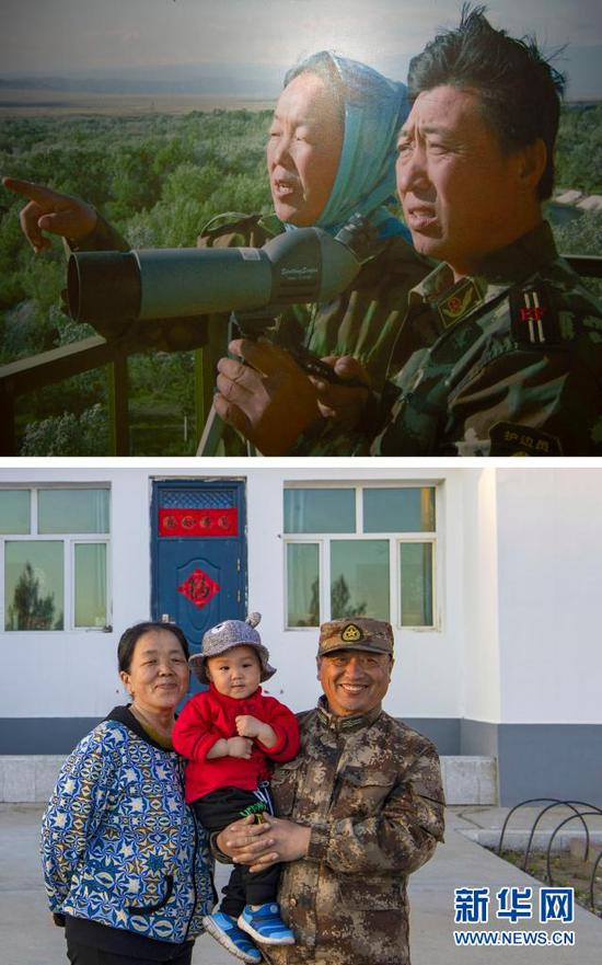  拼版照片：上图为十多年前，马军武与妻子张正美在巡逻途中（翻拍照片，4月10日摄）；下图为马军武和妻子张正美抱着孙子在哨所前合影（4月9日摄）。新华社记者 胡虎虎 摄