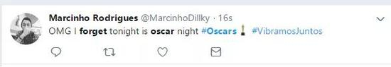 图为Twitter上观众险些遗忘今天是奥斯卡颁奖典礼的截图