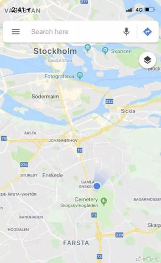 被遗弃坟地的卫星定位，能看到离斯德哥尔摩市区很远
