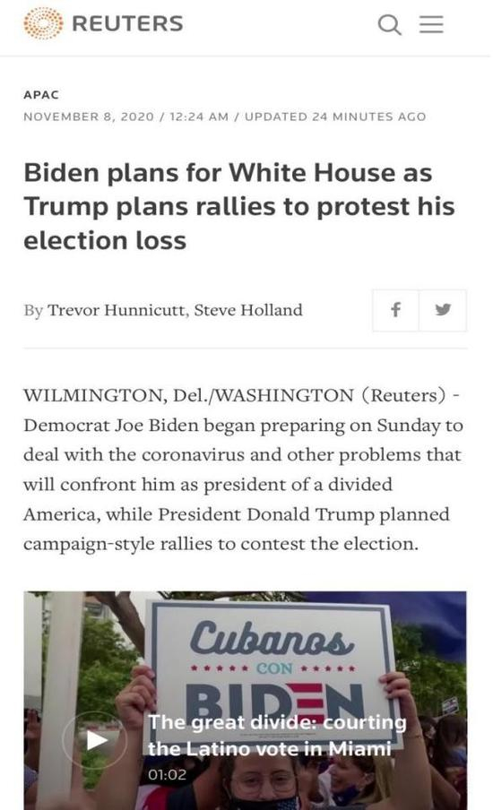 △路透社报道，拜登计划入主白宫的同时，特朗普却在计划集会抗议竞选失败