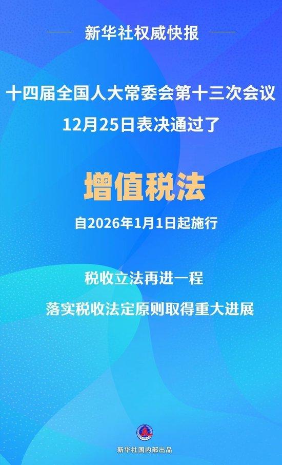 新华社权威快报｜增值税法通过！自2026年1月1日起施行