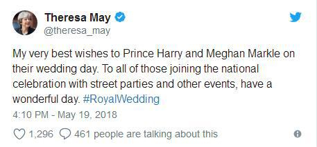 特蕾莎·梅依然通过推特向哈里王子和梅根送去祝福。（图源：BBC）
