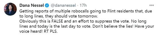  密歇根州司法部长达娜·内塞尔的回应。/ 推特截图