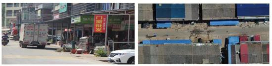  图3&nbsp; 马路市场沿线遮阳棚（右图为遮阳棚俯视图）