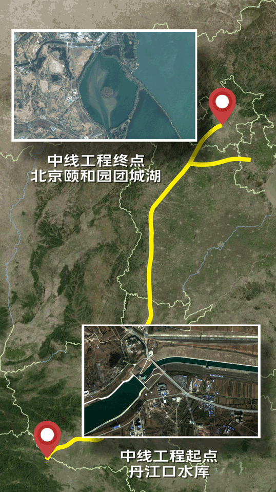 南水北调中线工程的起点与终点。 卫星资料来源：天地图