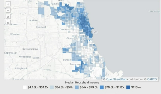  2019年芝加哥各地区家庭年收入中位数示意图。 图片来源：DATAUSA
