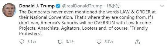  （特朗普9月10日的一条推文称，如果民主党当选，美国乡村地区会充斥着“无政府主义者、煽动者、抢劫犯和‘友好的抗议者’”。社交媒体截图）