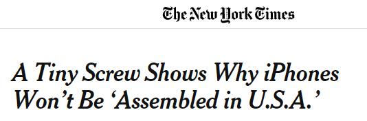 ▲螺丝钉难题：苹果为何无法实现“美国组装”？&nbsp;（via NYT）
