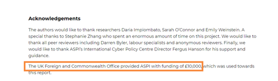 ▲英国外交和联邦事务部为ASPI提供了10000英镑的资金支持