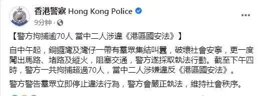 ▲香港警方今天（7月1日）下午在脸书发文表示，截至下午4时，警方拘捕逾70人 ，其中2人涉违《港区国安法》。