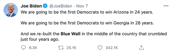 拜登发推称重建了四年前被打破的“蓝墙”。