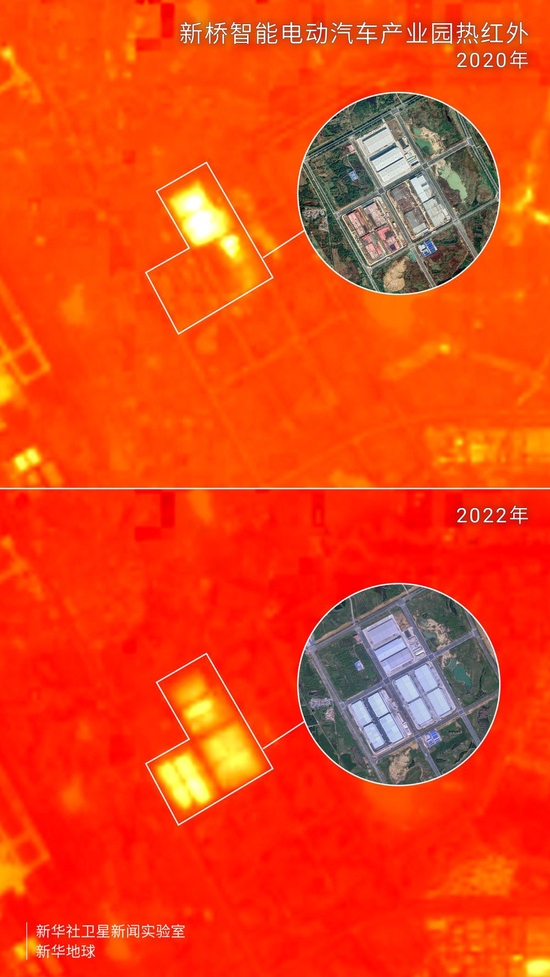 新桥智能电动汽车产业园2020年与2022年的热红外对比。黄色区域面积增大，表明随着工业生产和人流活动不断增加，地表温度相对上升。