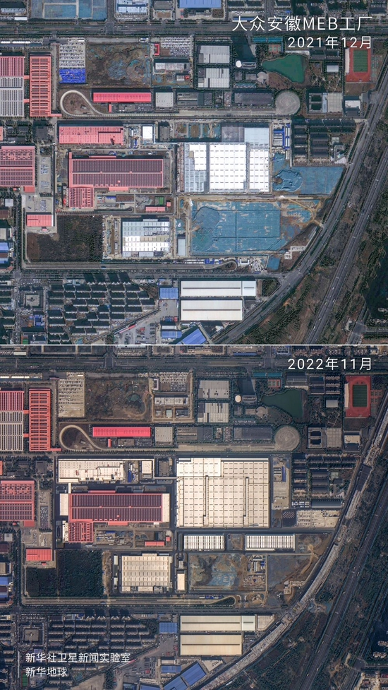 与2021年12月相比，2022年11月大众安徽MEB工厂区域内厂房面积更大、道路更规整。