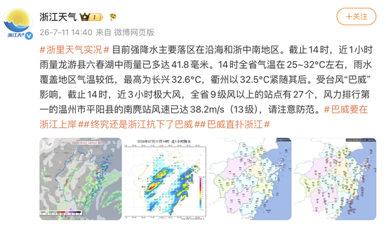 浙江最高风速已达13级，全省9级风以上站点27个