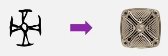 △炬冠，以玉琮语意为特征，方圆相融，昂然而立；出火口设计源自“琮”最早的甲骨文字形，寓意“光在内周而复始”（图片来源：杭州第19届亚运会网站、钱江晚报）