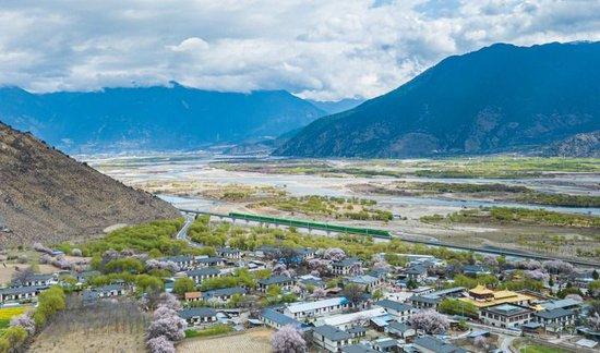 复兴号列车行驶在拉林铁路西藏林芝段(2025年4月3日摄,无人机照片)。新华社记者 丁增尼达 摄