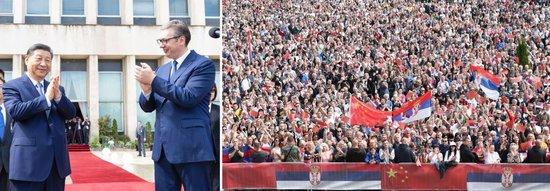 当地时间5月8日上午，国家主席习近平在贝尔格莱德塞尔维亚大厦同塞尔维亚总统武契奇举行会谈。会谈前，武契奇陪同习近平来到政府大厦平台（左图）。大厦广场上，一万五千名塞尔维亚民众挥舞中塞两国国旗，对习近平表示最热烈的欢迎（右图）。