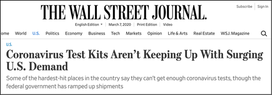　　新冠检测到底在哪；新冠试剂盒短缺，卫生官员拉响警报；试剂盒无法赶上激增的需求（NBC， NYTimes， WSJ）
