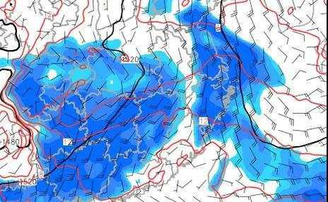 11日14点天气图，从风向和蓝色湿区可清晰看到两股暖湿气流。