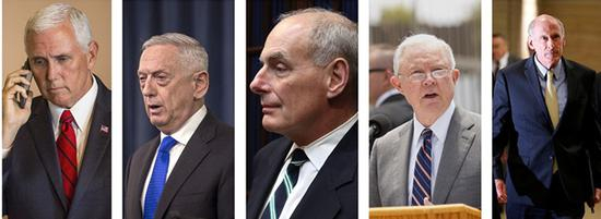 由左至右依次为：美国副总统迈克·彭斯、国防部长詹姆斯·马蒂斯、白宫幕僚长约翰·凯利、司法部长杰夫·塞申斯、国家情报总监丹·科茨。（图源：视觉中国）