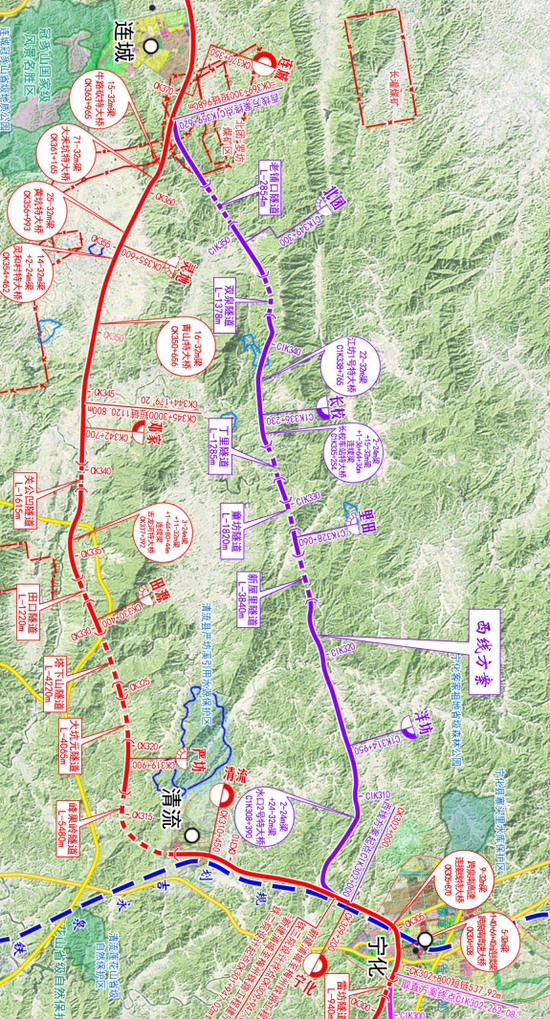浦梅铁路连城至宁化段施工线路示意图。丁顺均 供图