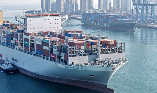  2025年12月4日，货轮进出山东港口青岛港前湾港区（无人机照片）。新华社记者 李紫恒 摄