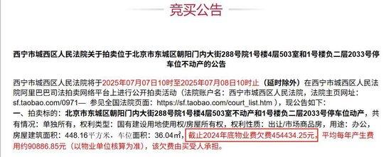 竞买公告显示物业费欠费45万余元（来源：阿里资产·司法平台）